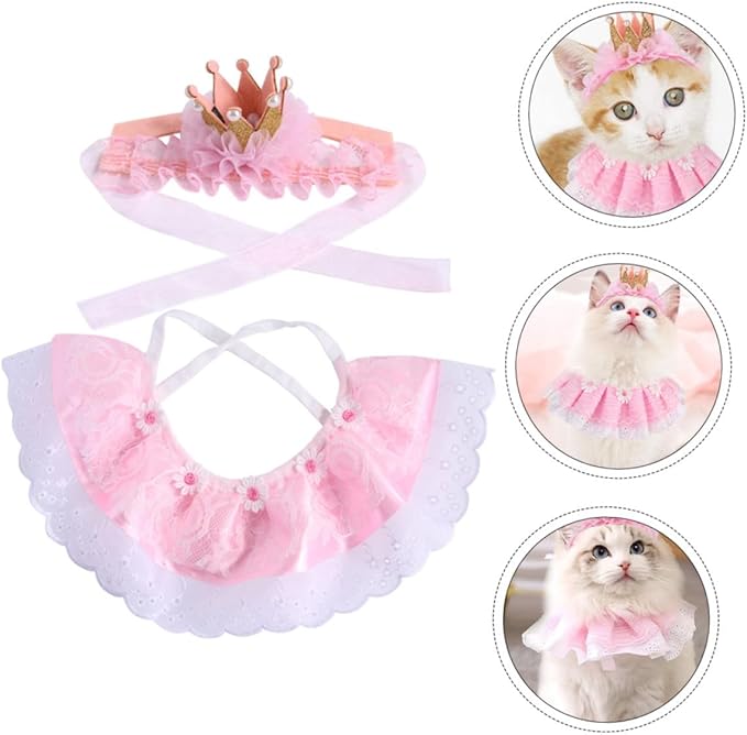 Toyvian Pet Dog Birthday Costume Set 2pcs Pink Crown Hat with Lace Dog Birthday Scarf Bandana for Puppy Party Supplies