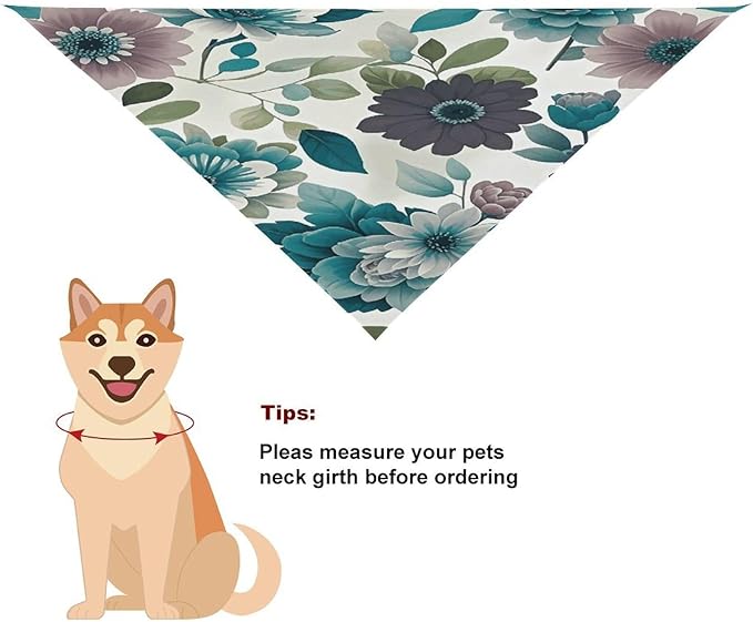Dog Bandana Spring Pet Scarf Adjustable Triangle Teal Grey and White Floral Printing Dog Bib Washable Polyester Puppy Bandana for Small Medium Large Dogs Cat Birthday Party Supplies