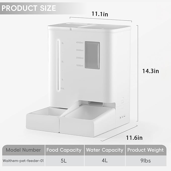 Waithem Wi-Fi Automatic Pet Feeder and Waterer for Cats&Dogs, 2-in-1 Set Large Capacity for 2 Weeks, Intuitive App Operation, 2 Way Power Supply, Detachable for Cleaning