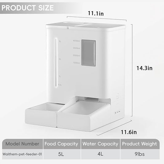 Waithem Wi-Fi Automatic Pet Feeder and Waterer for Cats&Dogs, 2-in-1 Set Large Capacity for 2 Weeks, Intuitive App Operation, 2 Way Power Supply, Detachable for Cleaning