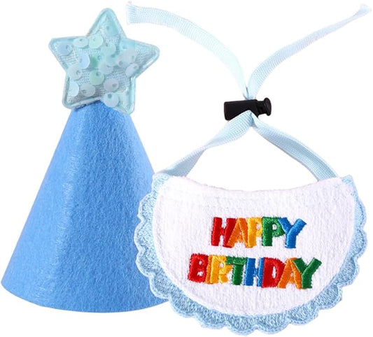 Beaupretty Dog Birthday Hat and Embroidered Bib Set with Blue Star Design, Decorative Party Pet Bandana and Cosplay Hat for Cats and Dogs, Adjustable Party Supplies for Pet Celebrations