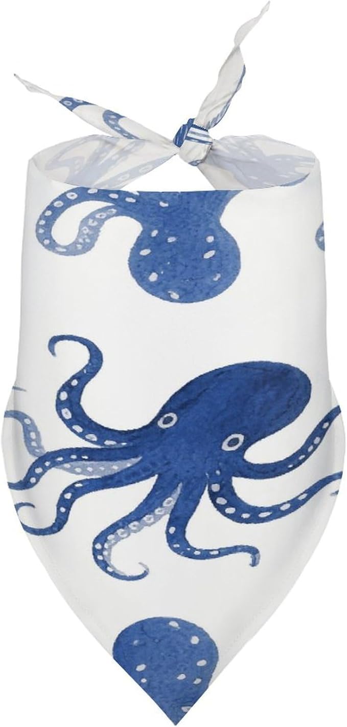 Dog Bandana Spring Pet Scarf Adjustable Triangle Blue Octopus Printing Dog Bib Washable Polyester Puppy Bandana for Small Medium Large Dogs Cat Birthday Party Supplies
