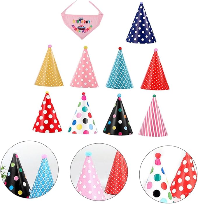 OUNONA Dog Birthday Bandana and Party Hat Set with Bib 10pcs Pet Birthday Supplies Kit for Dogs Adjustable Fabric Hats and Cotton Bib for Celebration Random Color