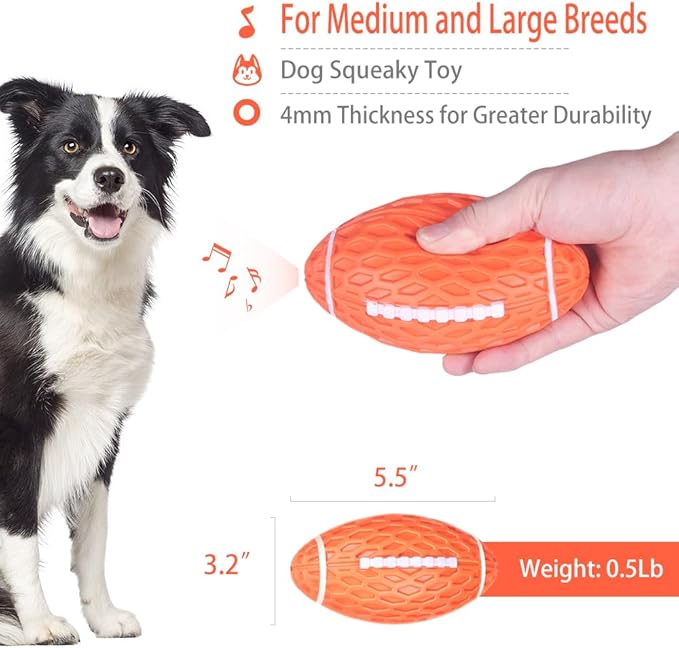AUSCAT 2PCS Squeaky Dog Football Toy, Dog Chew Toy, Tough Rubber Dog Ball for Medium Large Dogs, Green and Orange, Large, 5.5"