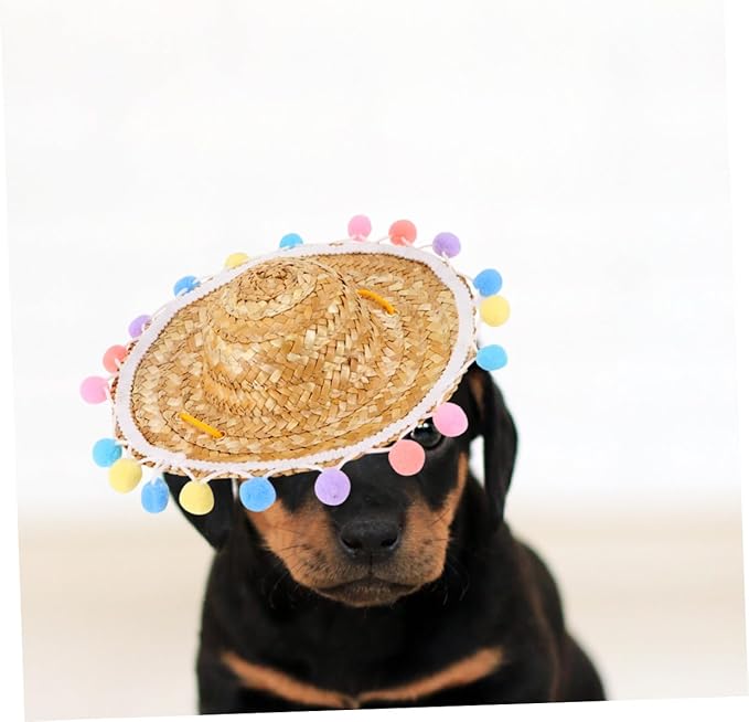 VICASKY Pet Straw Hat with Lace Pattern Small Woven Straw Cap Funny Photo Prop Decorative Hat for Dogs Puppy Pet Supplies