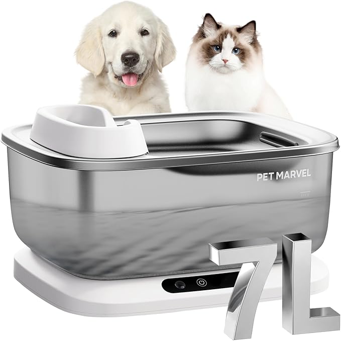 PET Marvel Wireless Quiet Pet Water Fountain, 7L/1.8Gal/230oz Large Water Reserve for Dogs & Cats, Stainless Steel Drinking Bowl, Battery or Plug-in Use, Designed for Short Trips & Backup Use, F2 V2
