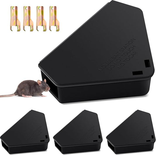 Qualirey Mice Station with Key Triangle Mouse Station Reusable Rodent Trap Box, Keeps Children and Pets Safe Indoor & Outdoor Suitable for Small Mice(Black,4 Pcs)