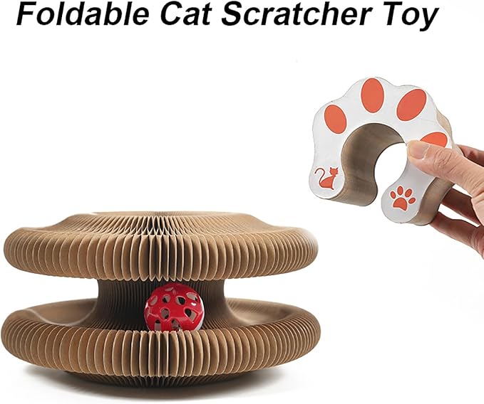 Kitty Curlz Cat Toy, Magic Organ Cat Interactive Scratcher Cardboard with Bell Ball, Foldable & Changeable Accordion Shape Exercise Anxiety Relief Toy for Indoor Cats(1PCS)