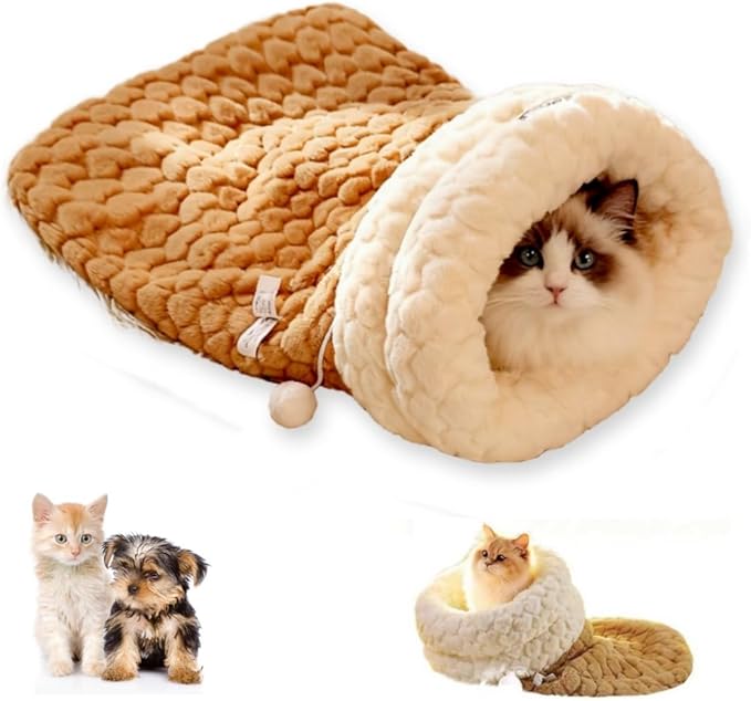Cat Sleeping Bag, Cats Winter Sleeping Bag for Indoor Cats Cozy Plush Cat Cave Bed, Self-Warming Pet Snuggle Sack for Kitten Puppy Small Dogs (A-Khaki 1pcs, M-17"x14.5")