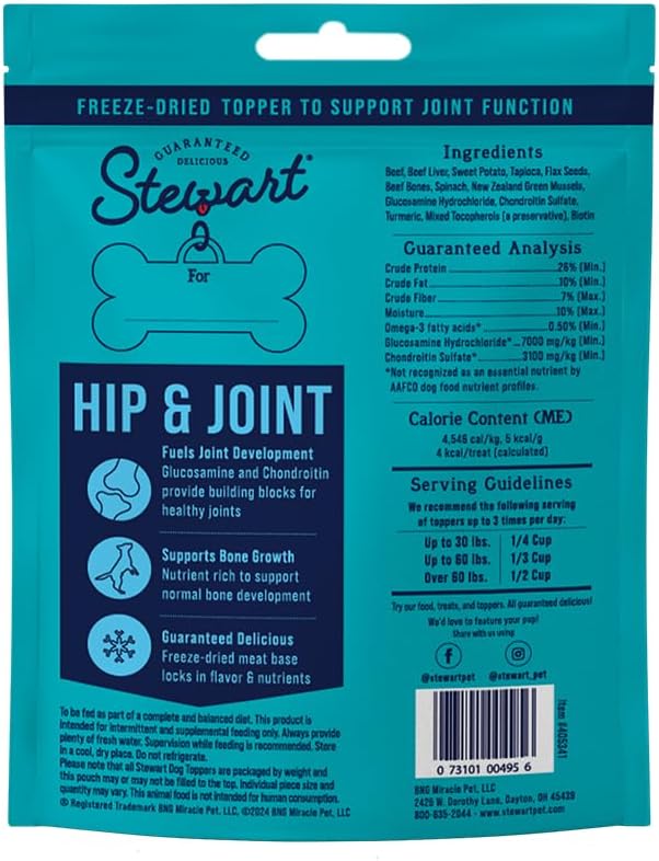 Stewart Freeze Dried Dog Food Topper, Hip and Joint, Beef and Sweet Potato Recipe, 8 Ounce Pouch, Glucosamine for Healthy Joints