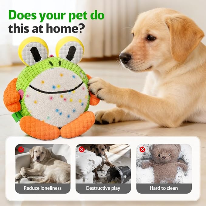 Interactive Dog Toys, Active Moving Pet Plush Toy, Random Movement and Fun Whistles, USB Charge Washable Disassemblable Plush Squeaky Dog Toy for Dogs or Cat (Frog)