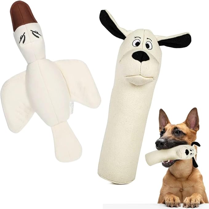 2-Pack Eco-Friendly Durable Squeaky Dog Toys – Cotton Canvas Interactive Chew Toy Set – Ducky & Dawgy (White)