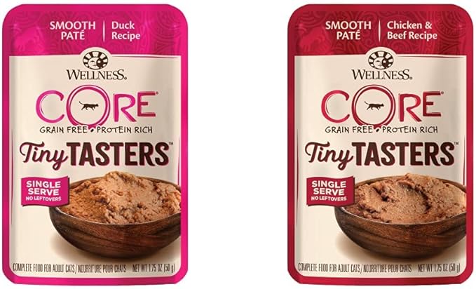 Bundle of Wellness CORE Tiny Tasters Wet Cat Food, Complete & Balanced Natural Pet Food, Made with Real Meat, 1.75-Ounce Pouch, 12 Pack (Adult Cat, Duck & Chicken & Beef Pate