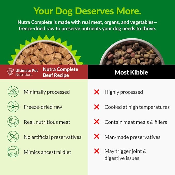 ULTIMATE PET NUTRITION Nutra Complete Freeze Dried Raw Dog Food, Veterinarian Formulated with Antioxidants, Prebiotics & Amino Acids (3 Pound, Beef)