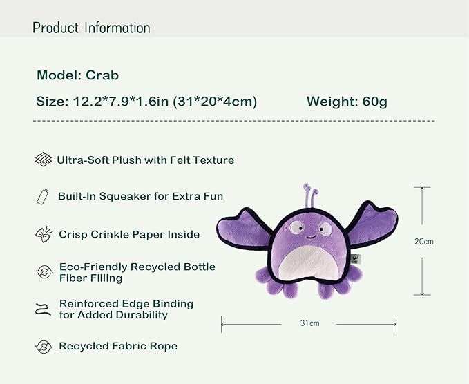 Dog Toy, Squeaky Plush Dog Toy, Rough & Tough Interactive Pet Toy, Recycled Fabric and Double Stitched (Crab)