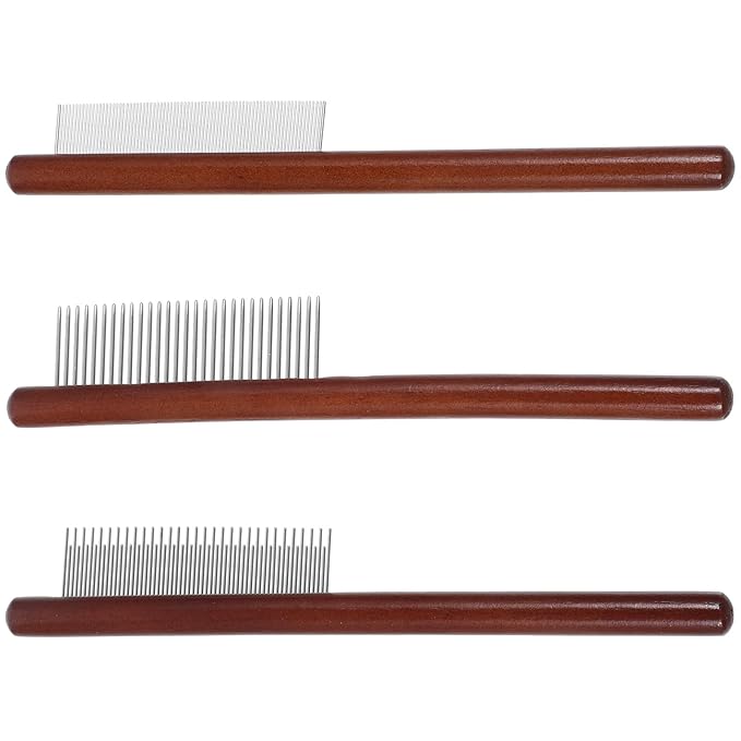 BESPORTBLE 3pcs Wood Handle Pet Grooming Comb Set with Stainless Steel Teeth, Dematting Dog Hair Detangler and Compact Cat Comb for Indoor Cats and Small Dogs