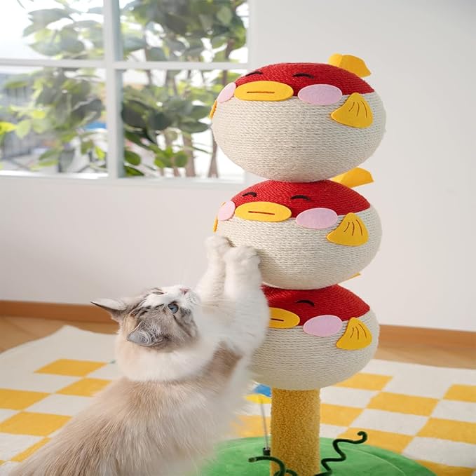 Cute Puffer Fish Cat Scratching Post – 3-Tier Climbing Tower with Sisal Rope, Flannel Base & Interactive Toy – Vertical Cat Tree Furniture for Indoor Cats & Kittens