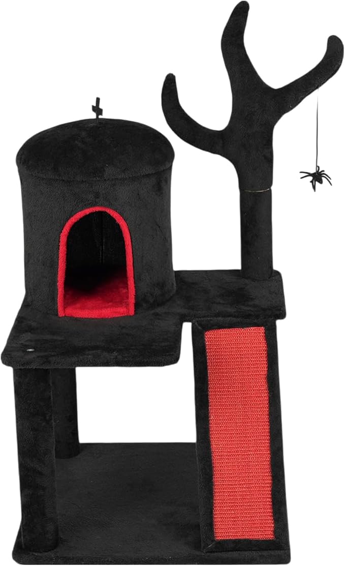 42" Gothic Cat Tree, Halloween Cat Tower Cat Tree with Spacious Cat Condo, Brach Shaped Scratching Post, Scratching Ladder, Spider Toy for Indoor Cats(54 * 54 * 106CM)