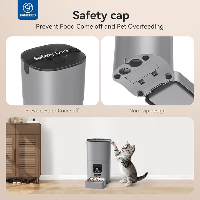 PAPIFEED Automatic Cat Feeder Upgrade, WiFi Pet Feeder with APP Control for Remote Feeding, Detachable for Easy Clean, Dual Power Supply,1-10 Meals Per Day for Multiple Pets(Gray)