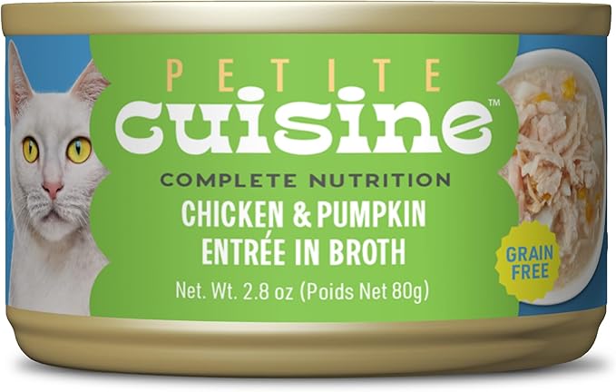 PETITE CUISINE Whole Foods Wet Cat Food, Chicken & Pumpkin Entree in Broth, 2.8 oz. Can (24 Count)
