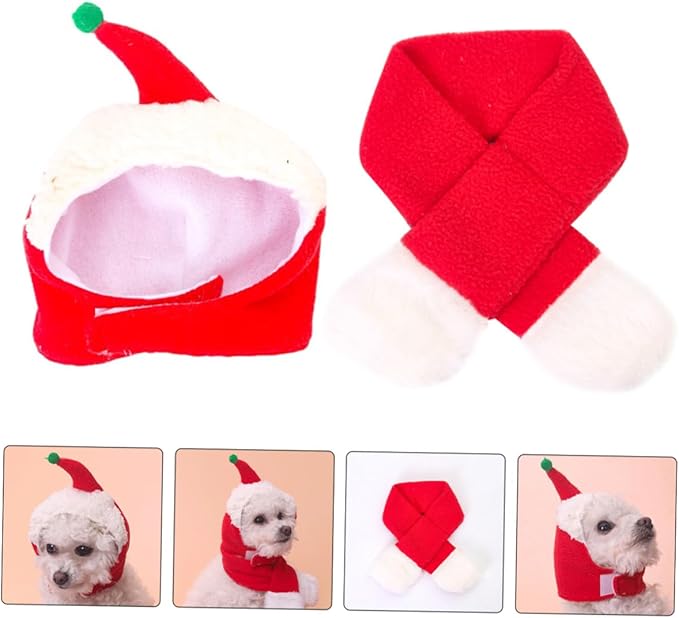 Pet Winter Hat and Scarf Set for Dogs and Cats, Thermal Cotton Headdress Supplies with Warm Head Cover, Christmas Photo Prop Costume for Puppies and Small Pets
