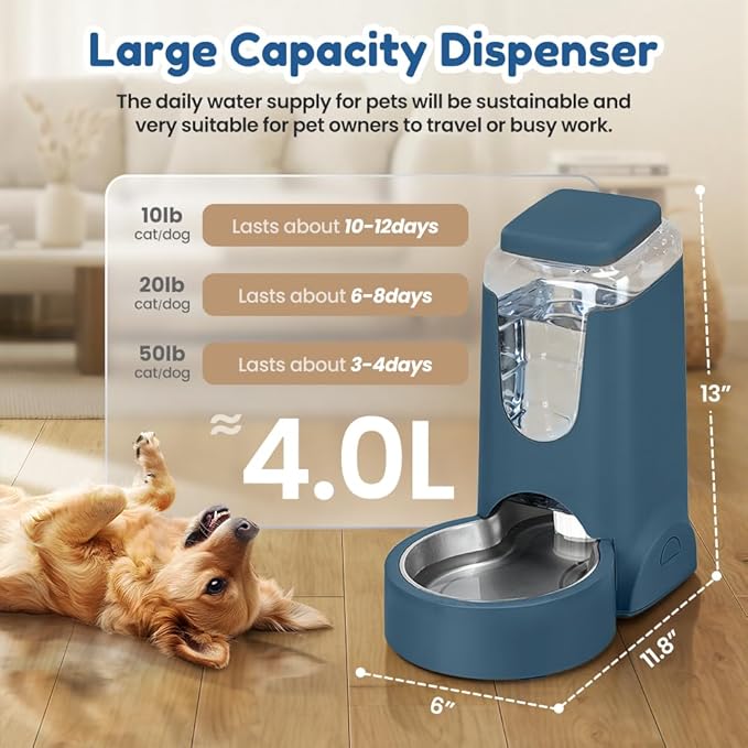 1 Gallon Automatic Cat Feeder Gravity Stainless Steel Water Dispenser Dog Feeder for Small Medium Puppy Kitten Pets Water Feeding Bowls, Navy