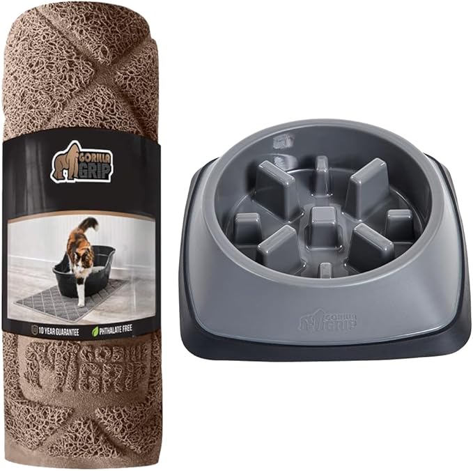 GORILLA GRIP Cat Litter Box Mat, 17x11 Inch Beige and Slow Feeder Dog and Cat Bowl, 2 Cup Gray, 2 Item Bundle