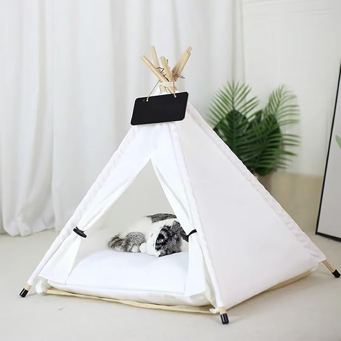 Dog Cat Teepee Tent Bed,Portable Pet Teepee for Small Animals Removable & Washable,Indoor Dog House with Cozy Cushion,Cat Teepee for Indoor Cats,Bunny Tent Outdoor (White, M)