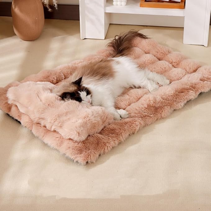 Cat Bed Mat Dog Crate Pads, Cat Beds for Indoor Cats Small Dogs, Plush Pet Bed Mats Faux Fur Dog Crate Mat with Removable Pillow for Cages/Floor/Couch (Pink-with Pillow,S-15.7 * 19.6 in)