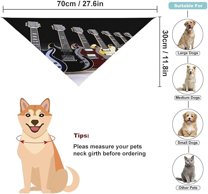 Dog Bandana Spring Pet Scarf Adjustable Triangle Electric Guitar Printing Dog Bib Washable Polyester Puppy Bandana for Small Medium Large Dogs Cat Birthday Party Supplies