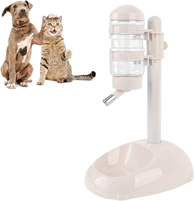 Pet Standing Water Dispenser, Adjustable Height Dog Water Bottle, with Food Feeder Bowl for Small Dogs Cats (Beige)
