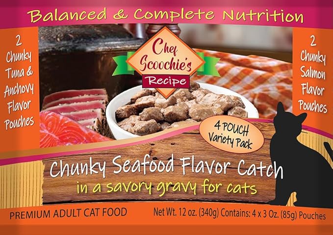 Scoochie Pet Products 951 3 oz Chef Scoochies Cat Food Seafood Pack - Pack of 4