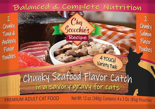 Scoochie Pet Products 951 3 oz Chef Scoochies Cat Food Seafood Pack - Pack of 4