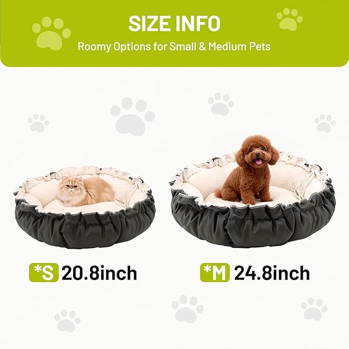 Cat Bed for Indoor Cats, 24.8 Inch Adjustable Small Dog Beds for Puppy & Kitty, Round Kitten Bed with Drawstring, Extra Soft & Machine Washable