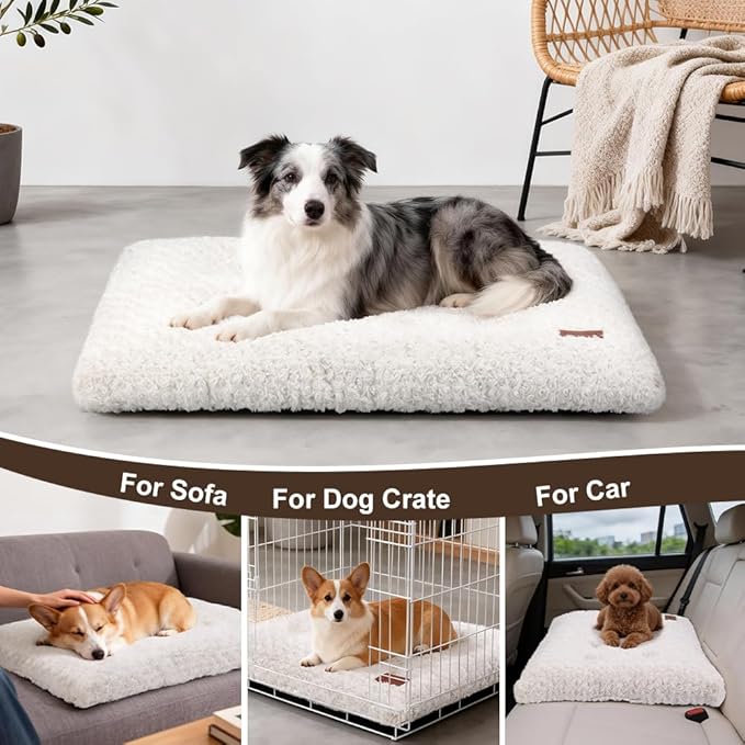 Dog Bed Crate Pad - Rosette Pattern White Velvet Pet Bed Anti-Slip Comfy Kennel Pad for Crates Rosette White S