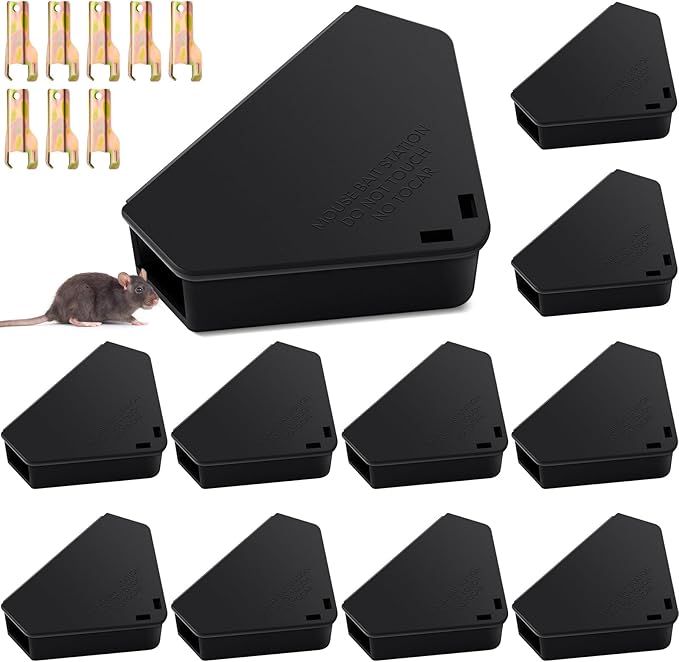 Qualirey Mice Station with Key Triangle Mouse Station Reusable Rodent Trap Box, Keeps Children and Pets Safe Indoor & Outdoor Suitable for Small Mice(Black,12 Pcs)
