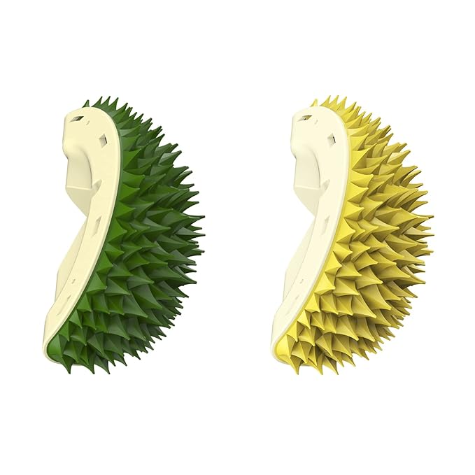 BestAlice 2 Pack Cat Self Groomer, Cute Durian Shape Wall Mounted Dog Cat Corner Scratcher, Wall Corner Groomers Brush Cat Massage Comb, Self-adhesive Cat Scratcher Pet Grooming Supply (Green+Yellow)