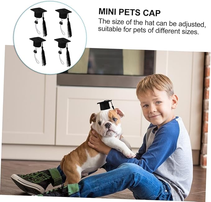 BESTonZON Mini Dog Graduation Caps and Bow Ties Set, Elastic Black Tassel Pet Doctoral Hats with 3.5x7cm Bow Tie, 4pcs Pet Costume for Dog Graduation and Party Supplies