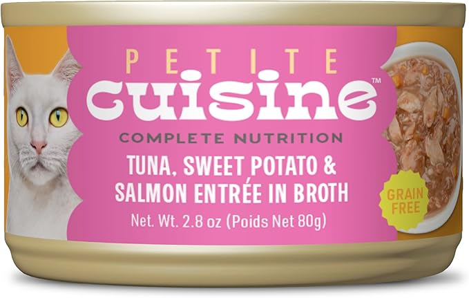 PETITE CUISINE Whole Foods Wet Cat Food, Tuna, Sweet Potato & Salmon Entree in Broth, 2.8 oz. Can (24 Count)