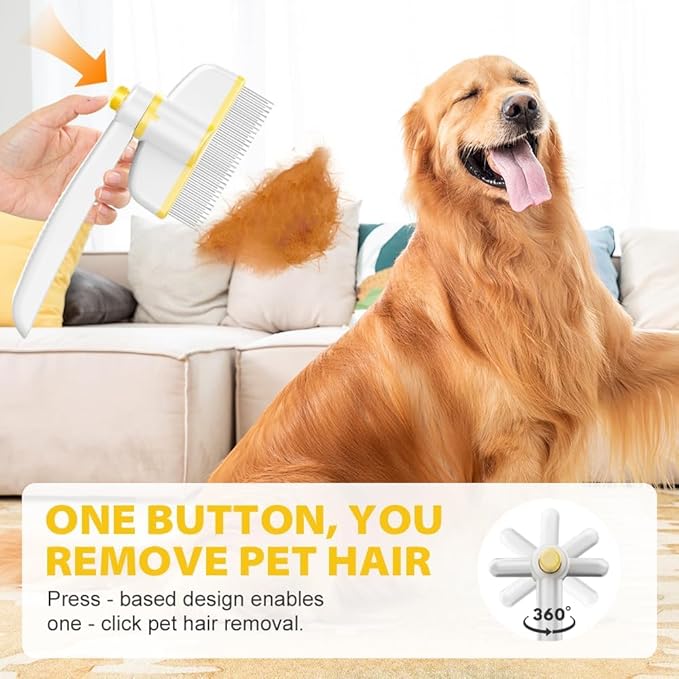 Pet Hair Removal Comb Flea Comb, Multifunctional Cat Brush with Release Button, Grooming Brush Supplies for Detangling Thinning and Shedding, All Hair Types (Yellow)