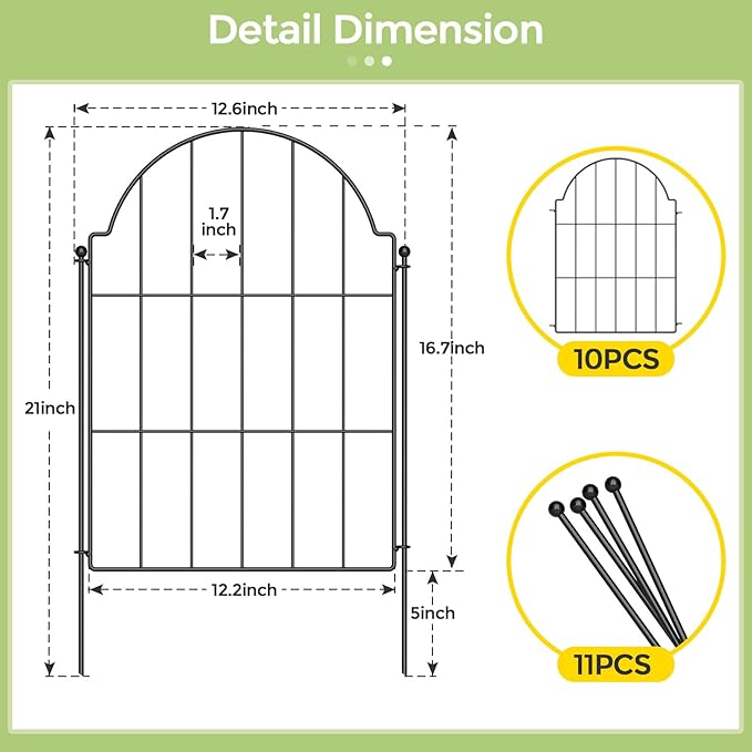 Garden Fence, 21in X 10.2ft Garden Fences and Borders for Dogs, Rabbit, Rustproof Metal Garden Fence Animal Barrier for Yard, Landscape, Outdoor Patio, Arched Fencing for Garden Beds