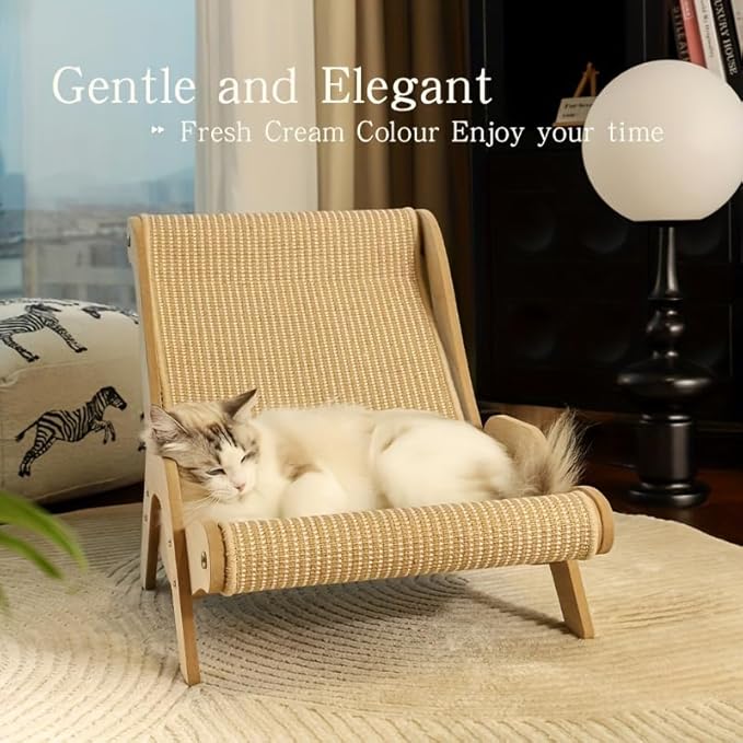 Cat Hammock and Scratcher 2-in-1, Wooden Frame with Jute Rope, Cream Color, 53x32x31cm, for Indoor Cats Under 6kg