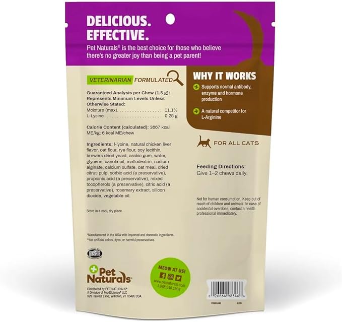 Pet Naturals Lysine for Cats,Chicken Flavor,60 Chews - Immune and Respiratory Support for Cats - No Wheat or Corn - Vet Recommended,(Pack of 2)