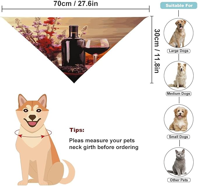 Dog Bandana Spring Pet Scarf Adjustable Triangle Red Wine Flower Printing Dog Bib Washable Polyester Puppy Bandana for Small Medium Large Dogs Cat Birthday Party Supplies