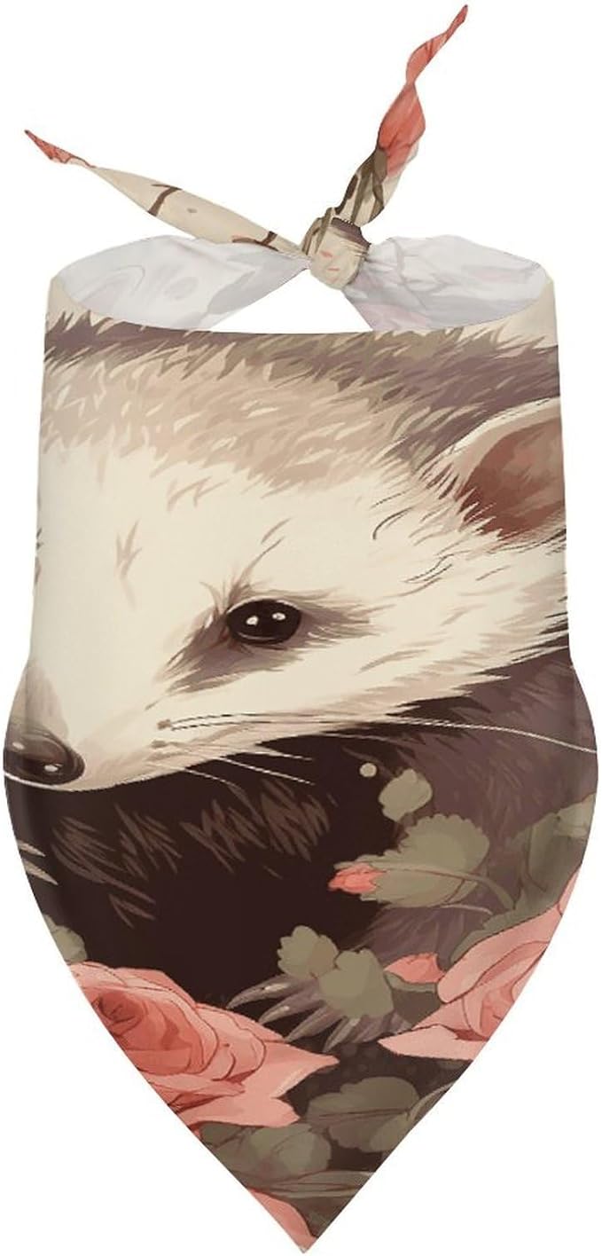 Dog Bandana Spring Pet Scarf Adjustable Triangle Opossum and Roses Printing Dog Bib Washable Polyester Puppy Bandana for Small Medium Large Dogs Cat Birthday Party Supplies