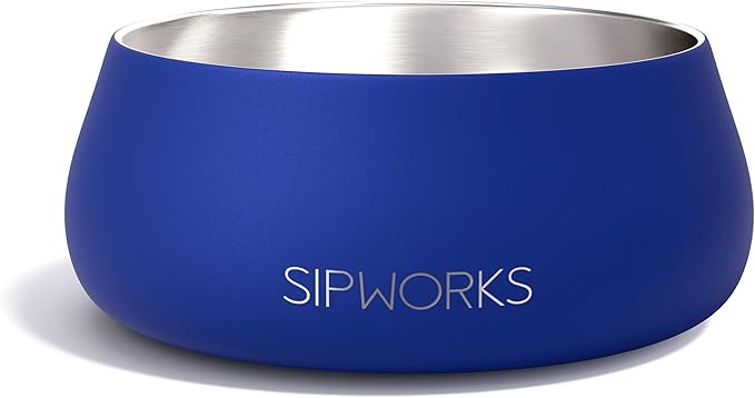 Sipworks Stainless Steel Dog Bowl – 32oz Weighted Metal Food and Water Bowls for Dogs and Cats with Non-Slip Base - Pet Bowls for All Breeds Sizes for Travel & Outdoor Play | Cobalt
