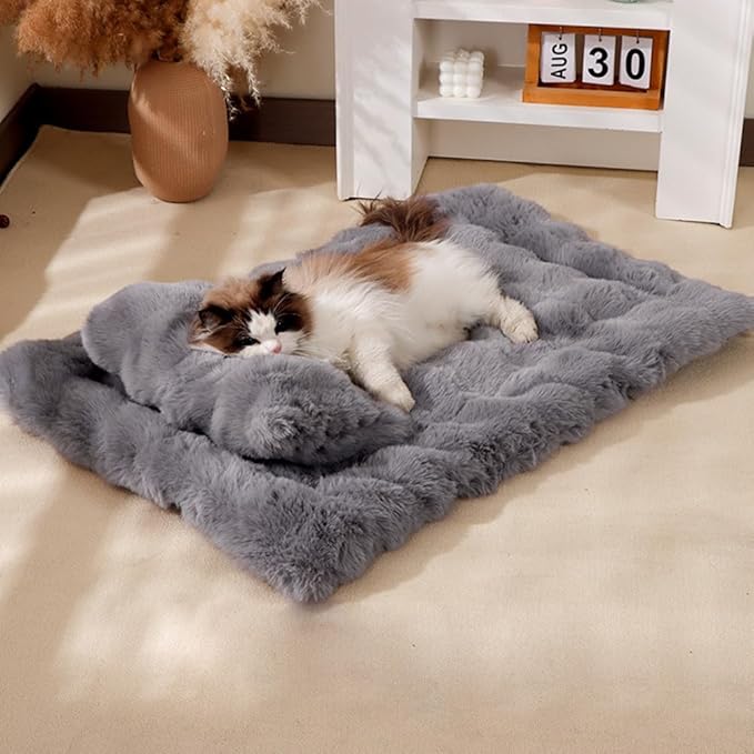 Cat Bed Mat Dog Crate Pads, Cat Beds for Indoor Cats Small Dogs, Plush Pet Bed Mats Faux Fur Dog Crate Mat with Removable Pillow for Cages/Floor/Couch (Grey-with Pillow,L-23.6 * 35.4 in)