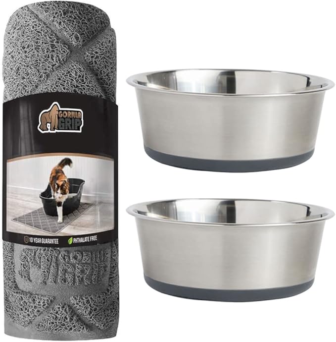 Gorilla Grip Thick Cat Litter Trapping Mat and Stainless Steel Dog Bowls Set of 2, Cat Mat is 47x35 Inch, Stainless Steel Dog Bowls Hold 2 Cups, Both in Gray Color, 2 Item Bundle