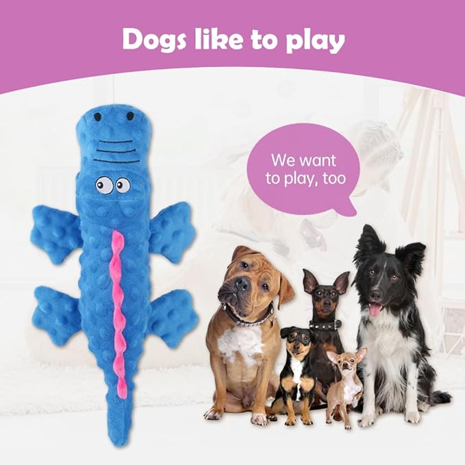Indestructible Plush Dog Toy for Aggressive Chewers, Boredom Relief Squeaker Chew Toy with Double Fabric, Durable Crocodile Teething Toy for Large Medium Small Dogs (Blue)