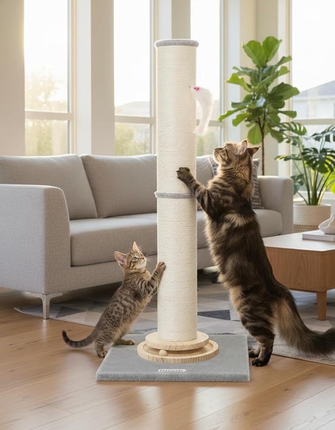 Globlazer Extra Thick Large Scratching Post for Indoor Cats Adults and Kittens, 35in Tall Natural Sisal Rope Scratcher Post, Large Cat Scratcher with Ball Interactive Toy, SC35, Light Grey